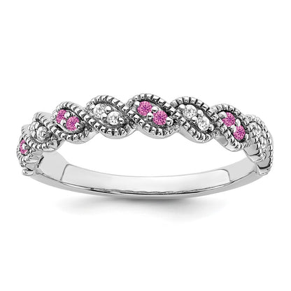 Solid 14k White Gold Created PinK Simulated Sapphire and CZ Twist Band