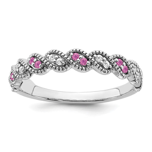Solid 14k White Gold Created PinK Simulated Sapphire and CZ Twist Band