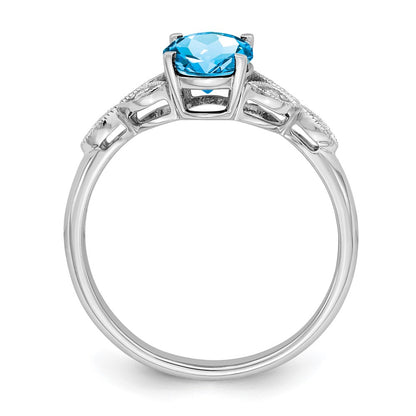 Solid 14k White Gold Oval Simulated Blue Topaz and CZ Ring