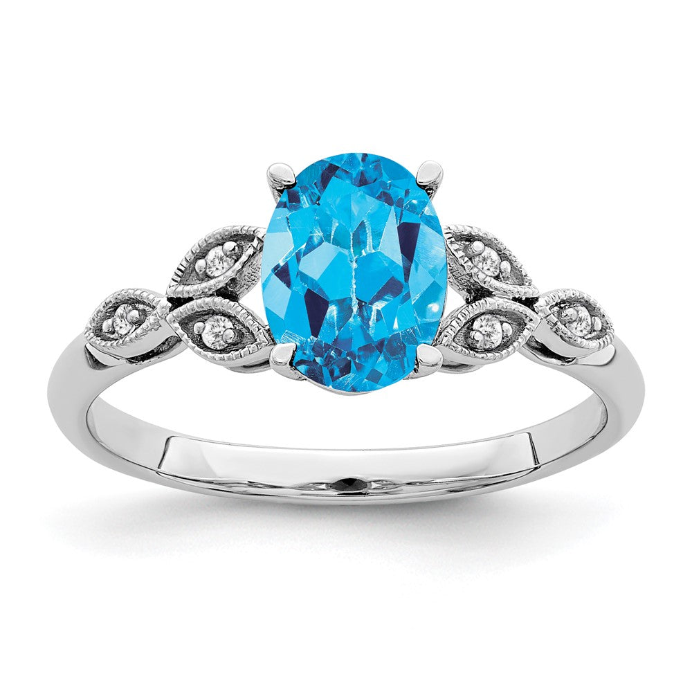 Solid 14k White Gold Oval Simulated Blue Topaz and CZ Ring