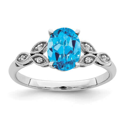 Solid 14k White Gold Oval Simulated Blue Topaz and CZ Ring