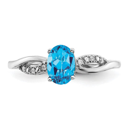 Solid 14k White Gold Oval Simulated Blue Topaz and CZ Ring