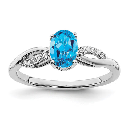 Solid 14k White Gold Oval Simulated Blue Topaz and CZ Ring