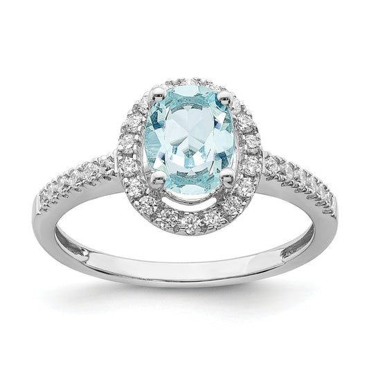 Solid 14k White Gold Simulated Aquamarine CZ Halo Complete Engagement Ring