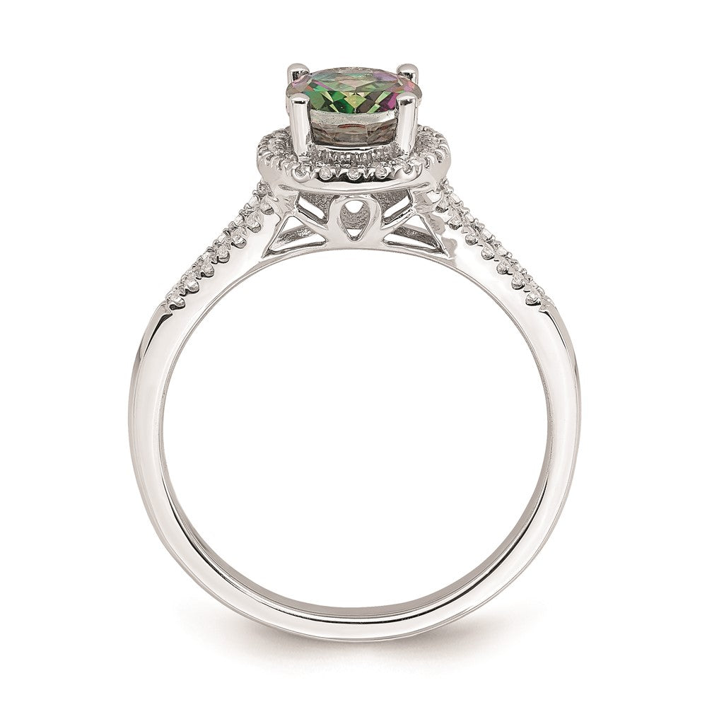 Solid 14k White Gold Mystic Fire Simulated CZ Halo Complete Engagement Ring