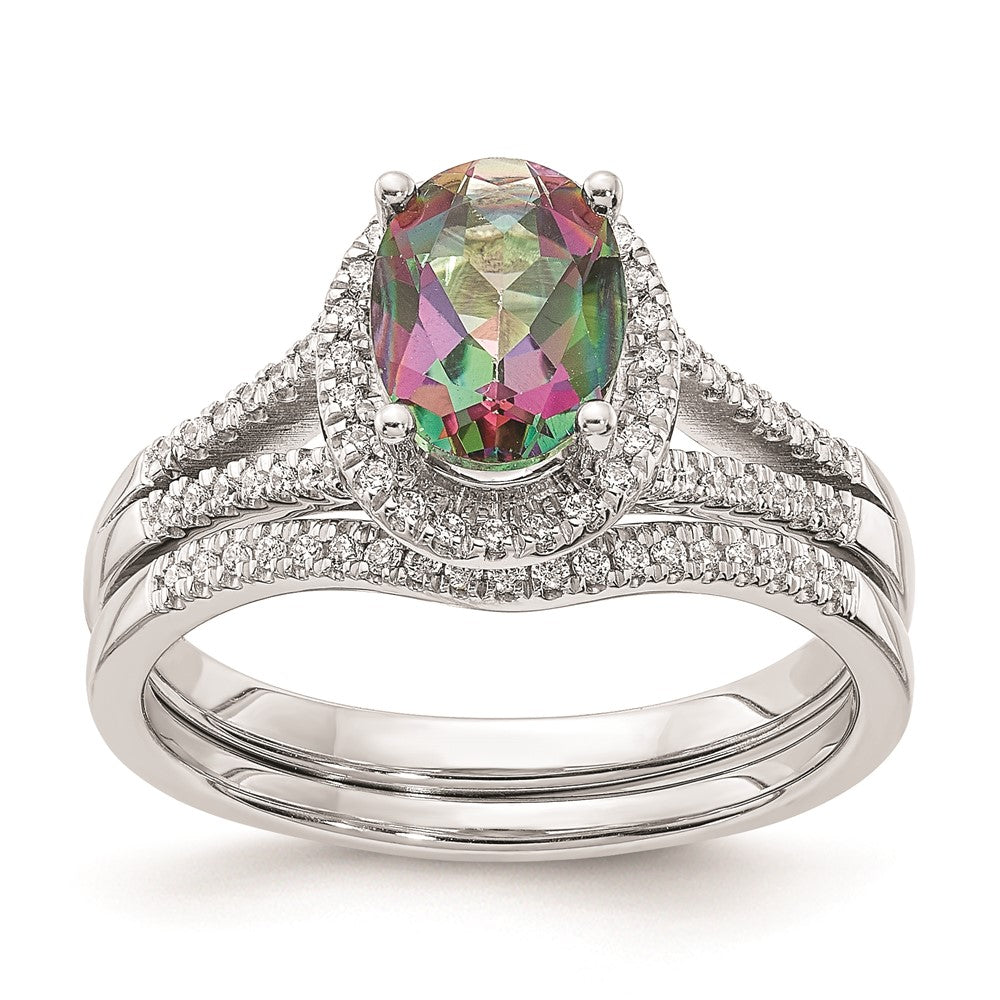 Solid 14k White Gold Mystic Fire Simulated CZ Halo Complete Engagement Ring