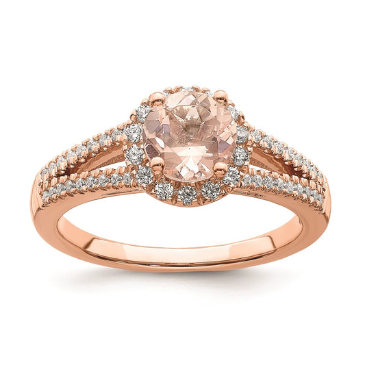 Solid 14k Rose Gold Morganite Simulated CZ Halo Complete Engagement Ring