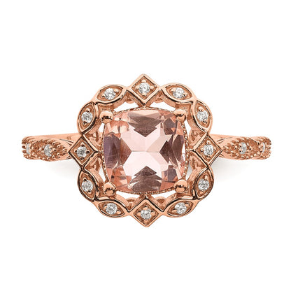 Solid 14k Rose Gold Morganite Simulated CZ Halo Complete Engagement Ring