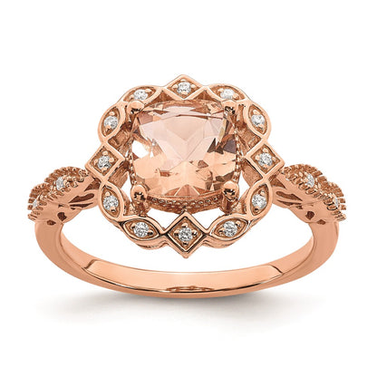Solid 14k Rose Gold Morganite Simulated CZ Halo Complete Engagement Ring