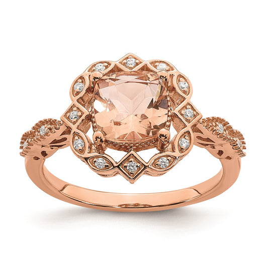 Solid 14k Rose Gold Morganite Simulated CZ Halo Complete Engagement Ring