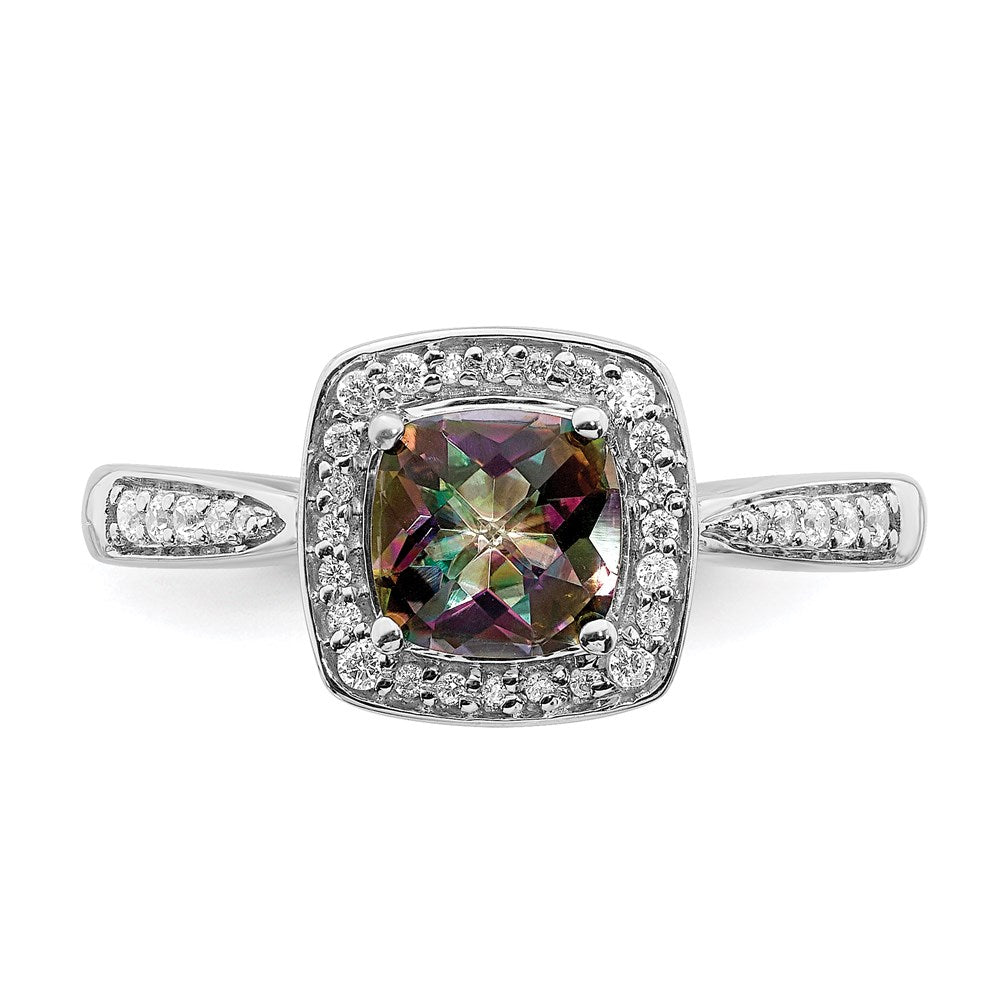 Solid 14k White Gold Mystic Fire Simulated CZ Halo Engagement Ring