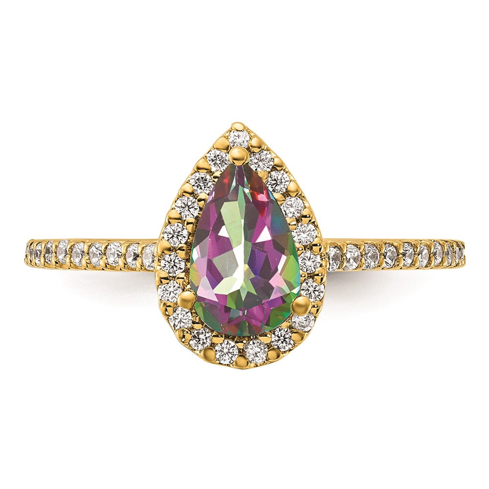 Solid 14k Yellow Gold Mystic Fire Simulated CZ Halo Complete Engagement Ring