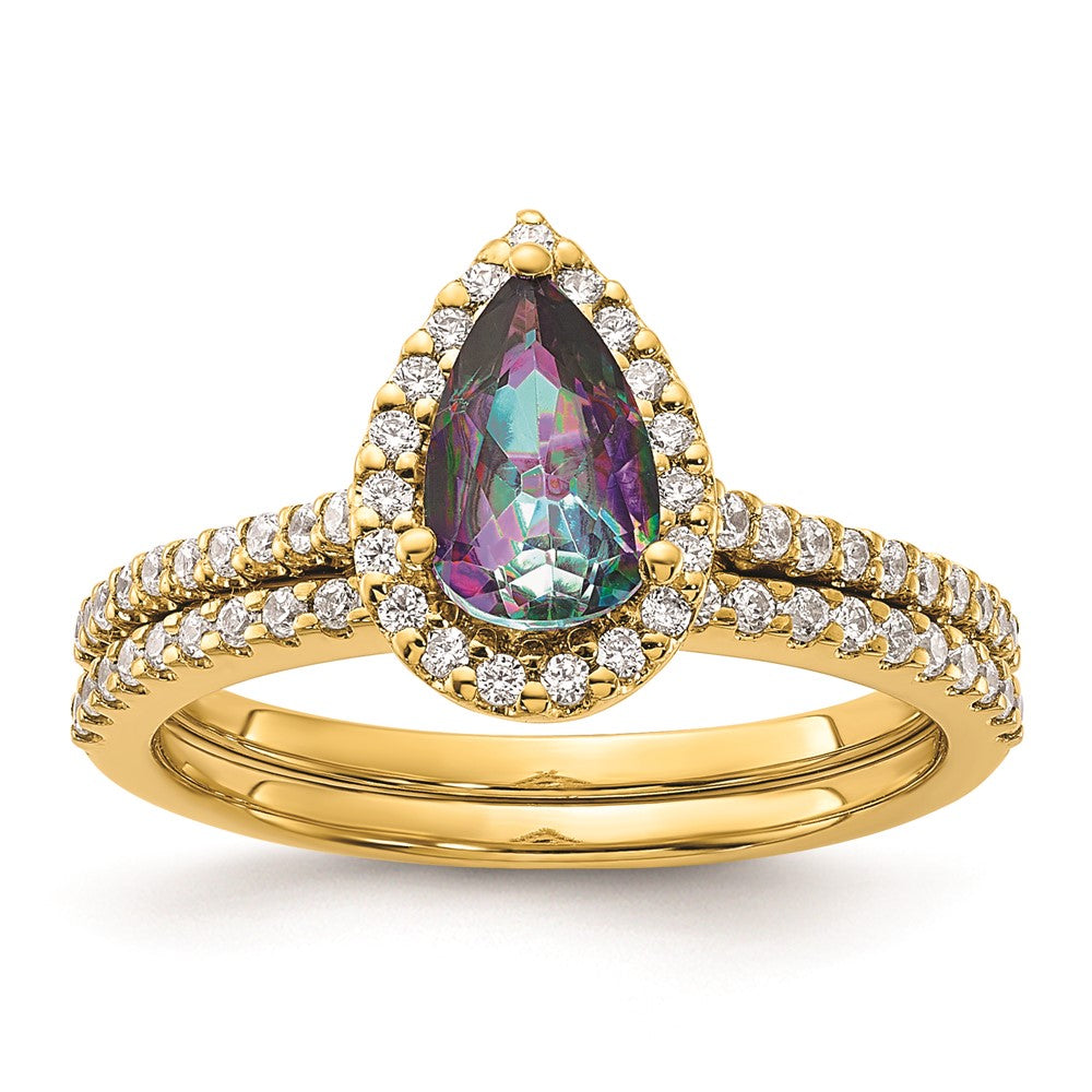Solid 14k Yellow Gold Mystic Fire Simulated CZ Halo Complete Engagement Ring