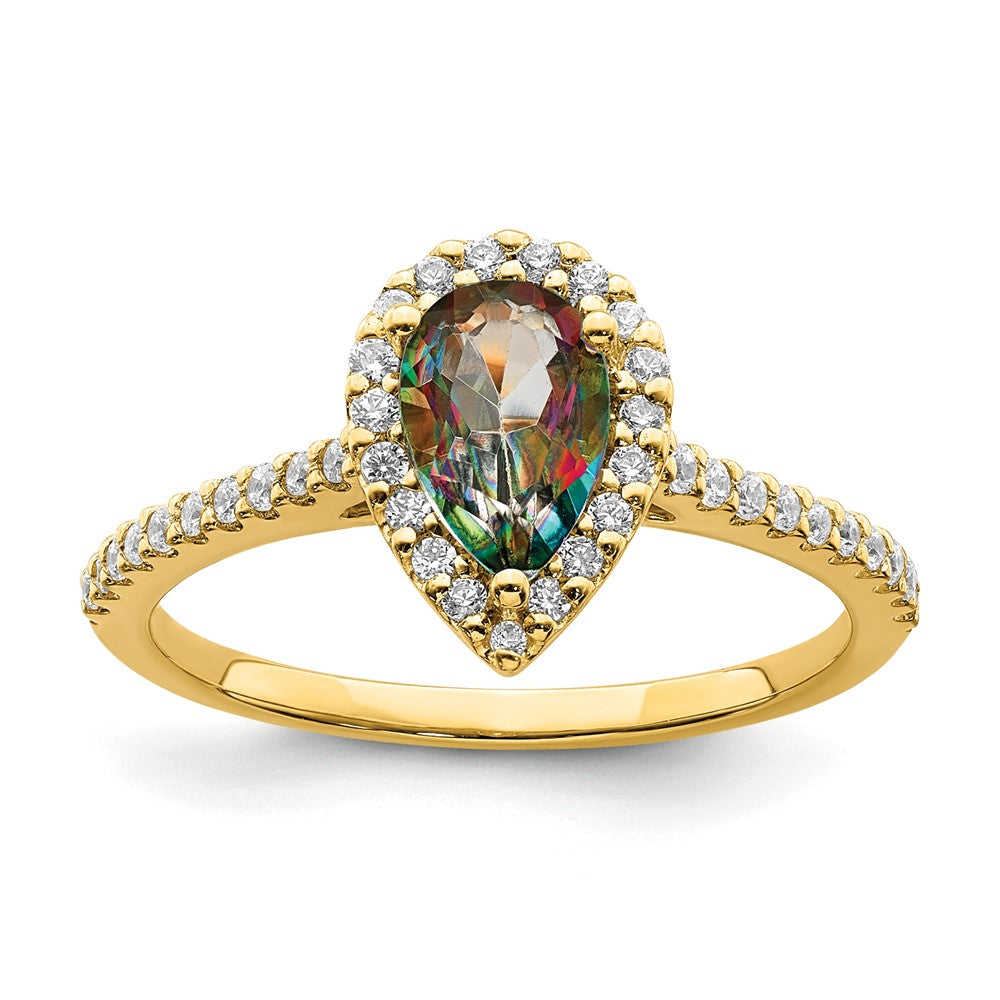 Solid 14k Yellow Gold Mystic Fire Simulated CZ Halo Complete Engagement Ring