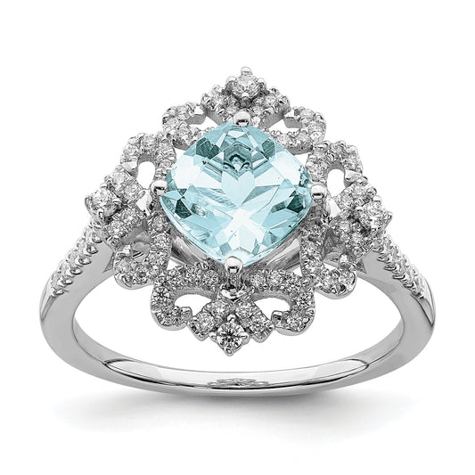 Solid 14k White Gold Simulated Aquamarine Vintage CZ Halo Complete Engagement Ring