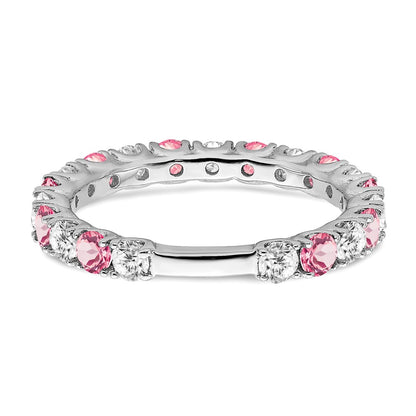 Solid 14k White Gold Created PinK Simulated Sapphire and CZ Band