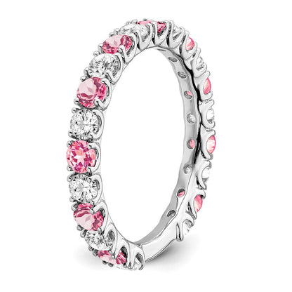 Solid 14k White Gold Created PinK Simulated Sapphire and CZ Band