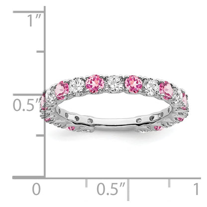 Solid 14k White Gold Created PinK Simulated Sapphire and CZ Band