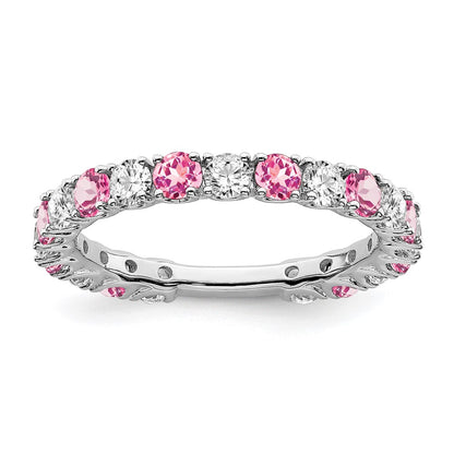 Solid 14k White Gold Created PinK Simulated Sapphire and CZ Band