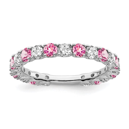 Solid 14k White Gold Created PinK Simulated Sapphire and CZ Band