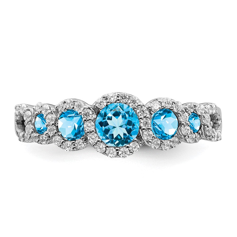 Solid 14k White Gold Simulated Blue Topaz and CZ Ring