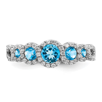 Solid 14k White Gold Simulated Blue Topaz and CZ Ring