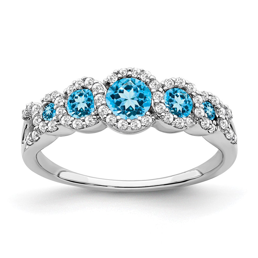Solid 14k White Gold Simulated Blue Topaz and CZ Ring