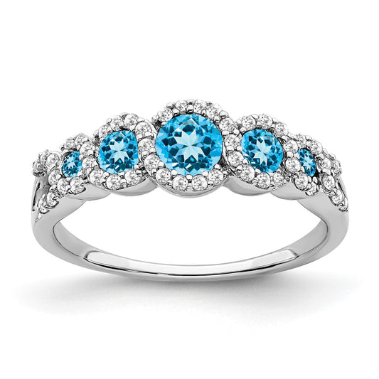 Solid 14k White Gold Simulated Blue Topaz and CZ Ring