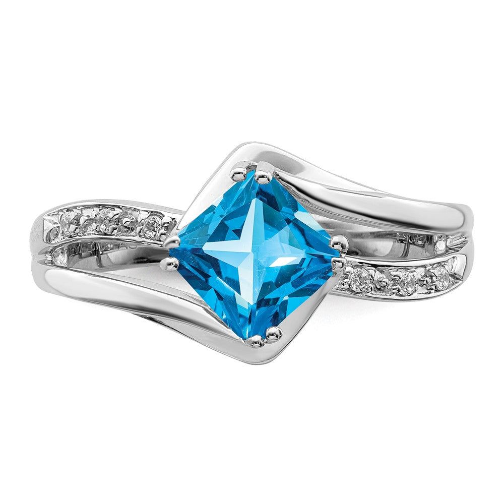 Solid 14k White Gold Simulated Blue Topaz and CZ Ring