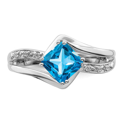 Solid 14k White Gold Simulated Blue Topaz and CZ Ring