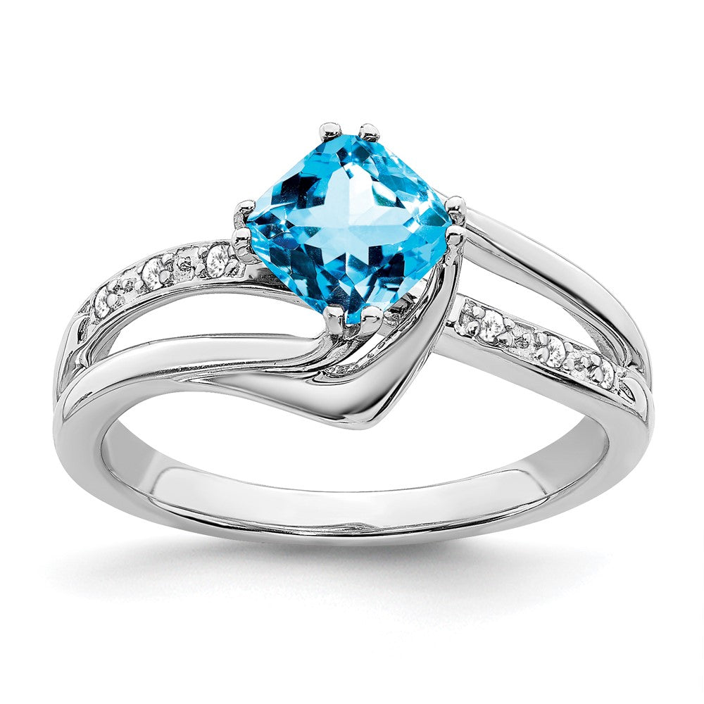 Solid 14k White Gold Simulated Blue Topaz and CZ Ring