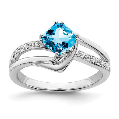 Solid 14k White Gold Simulated Blue Topaz and CZ Ring