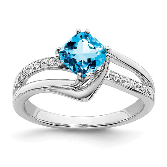Solid 14k White Gold Simulated Blue Topaz and CZ Ring