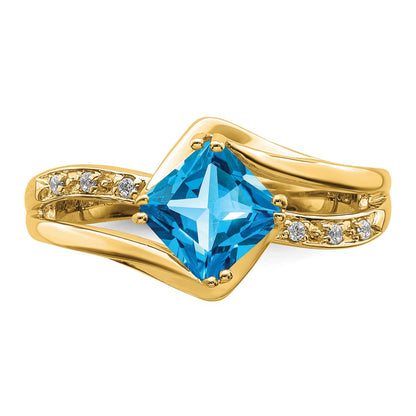 Solid 14k Yellow Gold Simulated Blue Topaz and CZ Ring