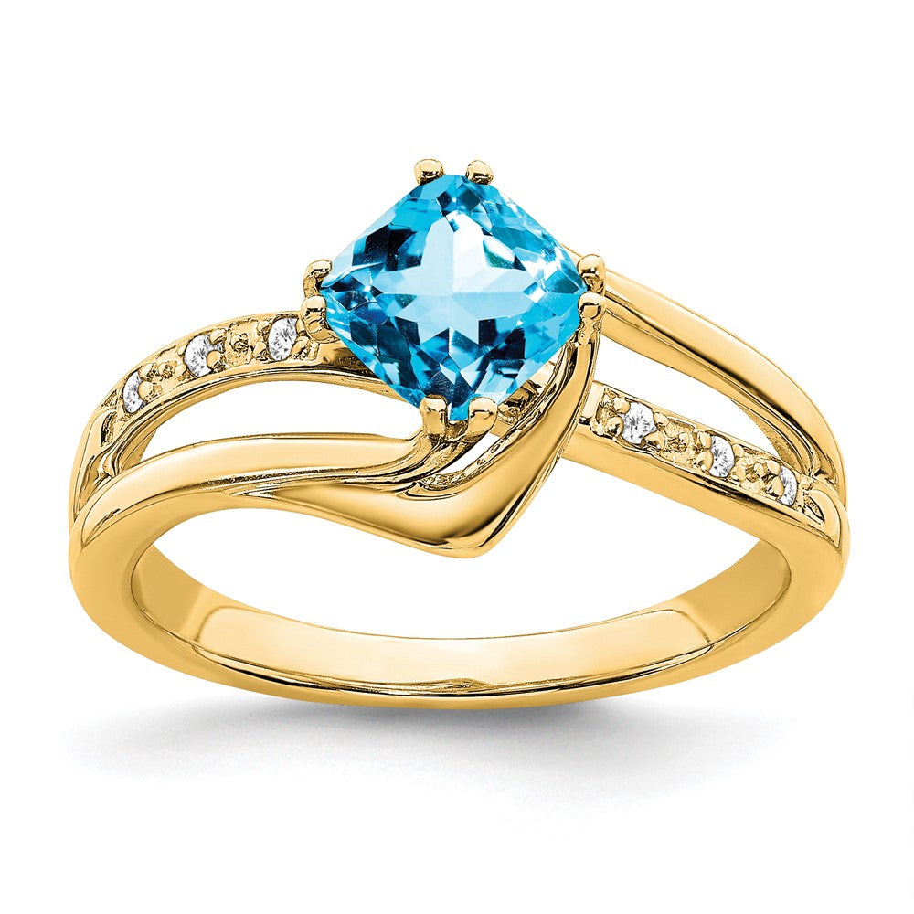 Solid 14k Yellow Gold Simulated Blue Topaz and CZ Ring