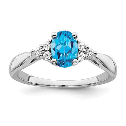 Solid 14k White Gold Simulated Blue Topaz and CZ Ring