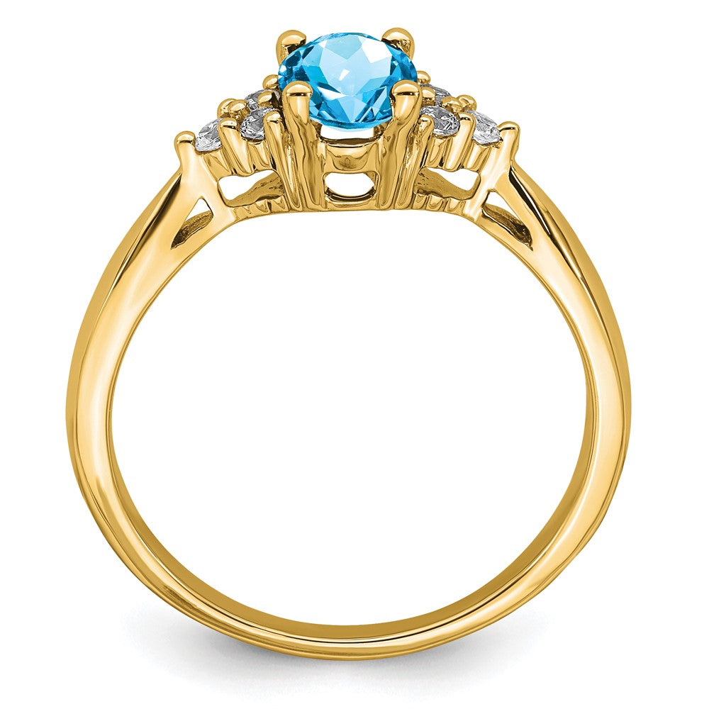 Solid 14k Yellow Gold Simulated Blue Topaz and CZ Ring