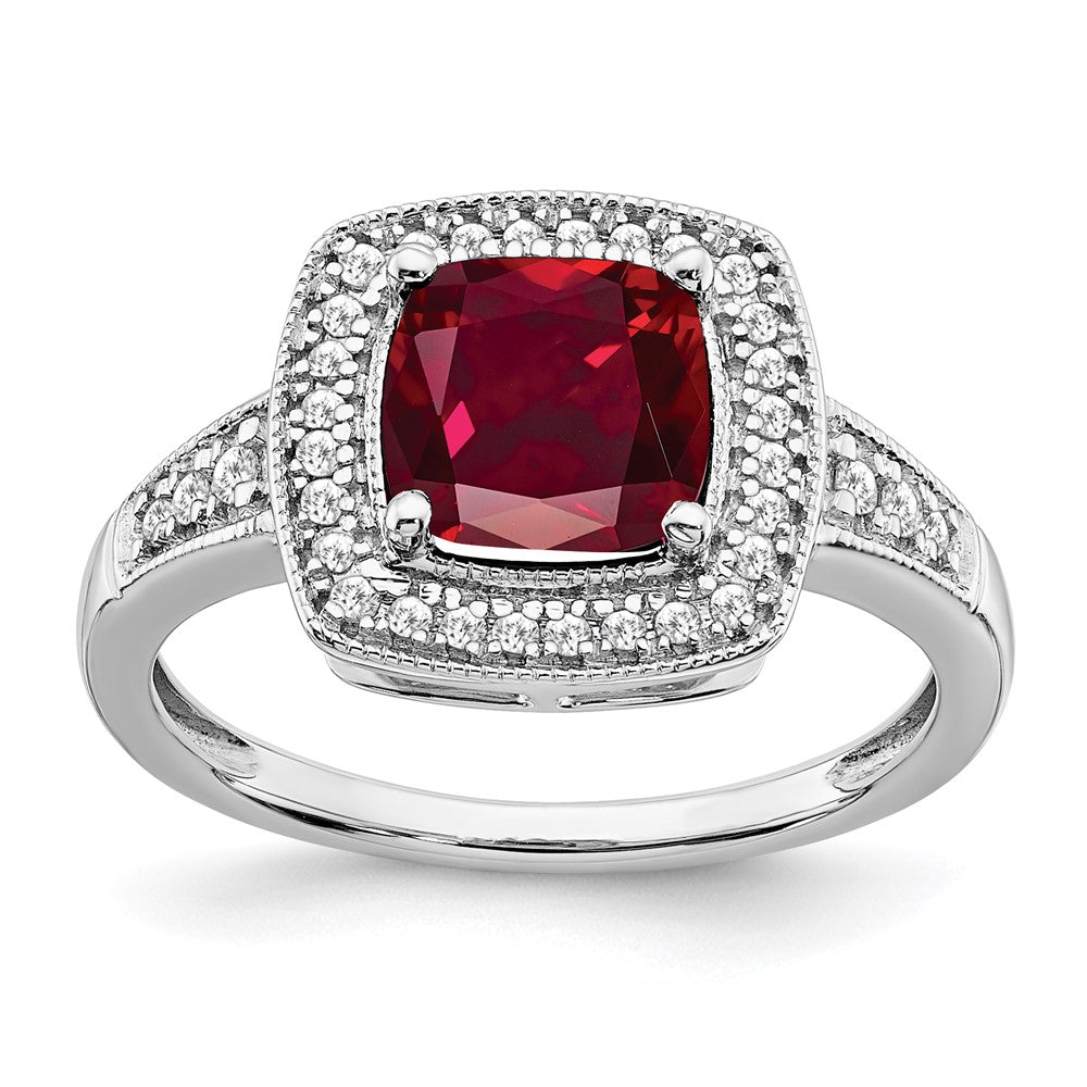14k white gold cushion created ruby and real diamond halo ring rm7124 ru 021 wa