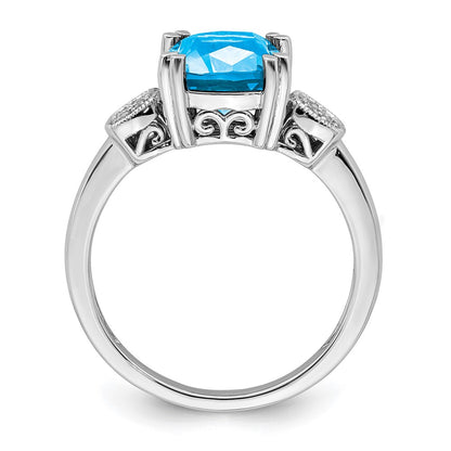 Solid 14k White Gold Simulated Blue Topaz and CZ Ring