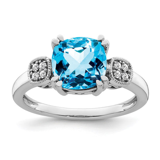 Solid 14k White Gold Simulated Blue Topaz and CZ Ring