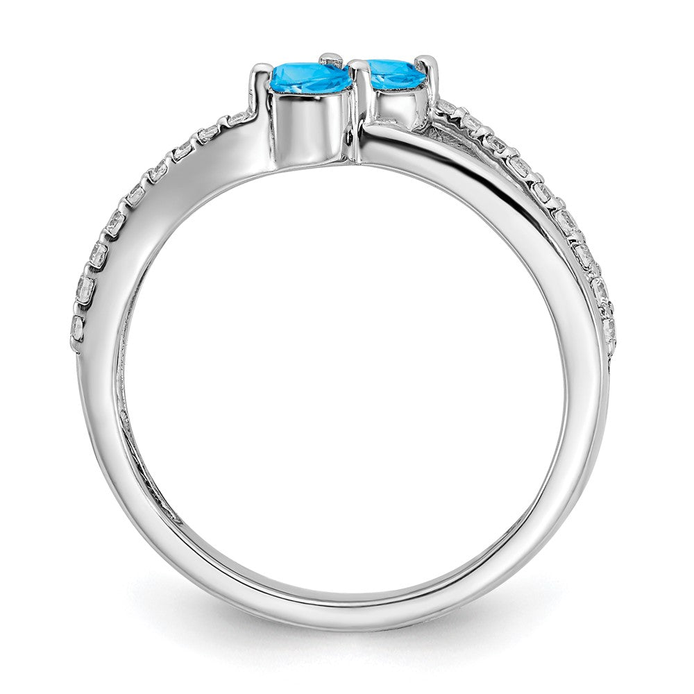 Solid 14k White Gold Simulated Blue Topaz and CZ 2-stone Ring