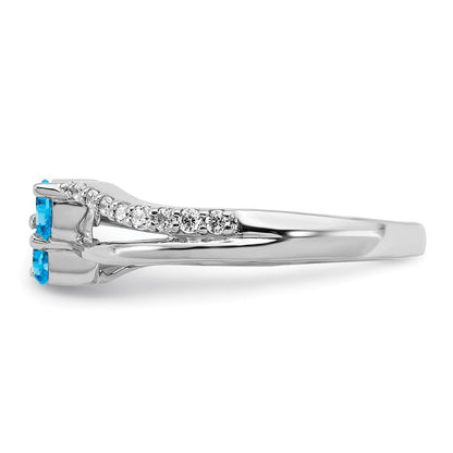 Solid 14k White Gold Simulated Blue Topaz and CZ 2-stone Ring