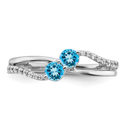 Solid 14k White Gold Simulated Blue Topaz and CZ 2-stone Ring