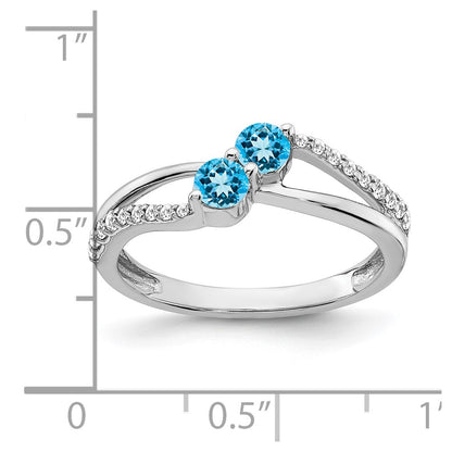 Solid 14k White Gold Simulated Blue Topaz and CZ 2-stone Ring