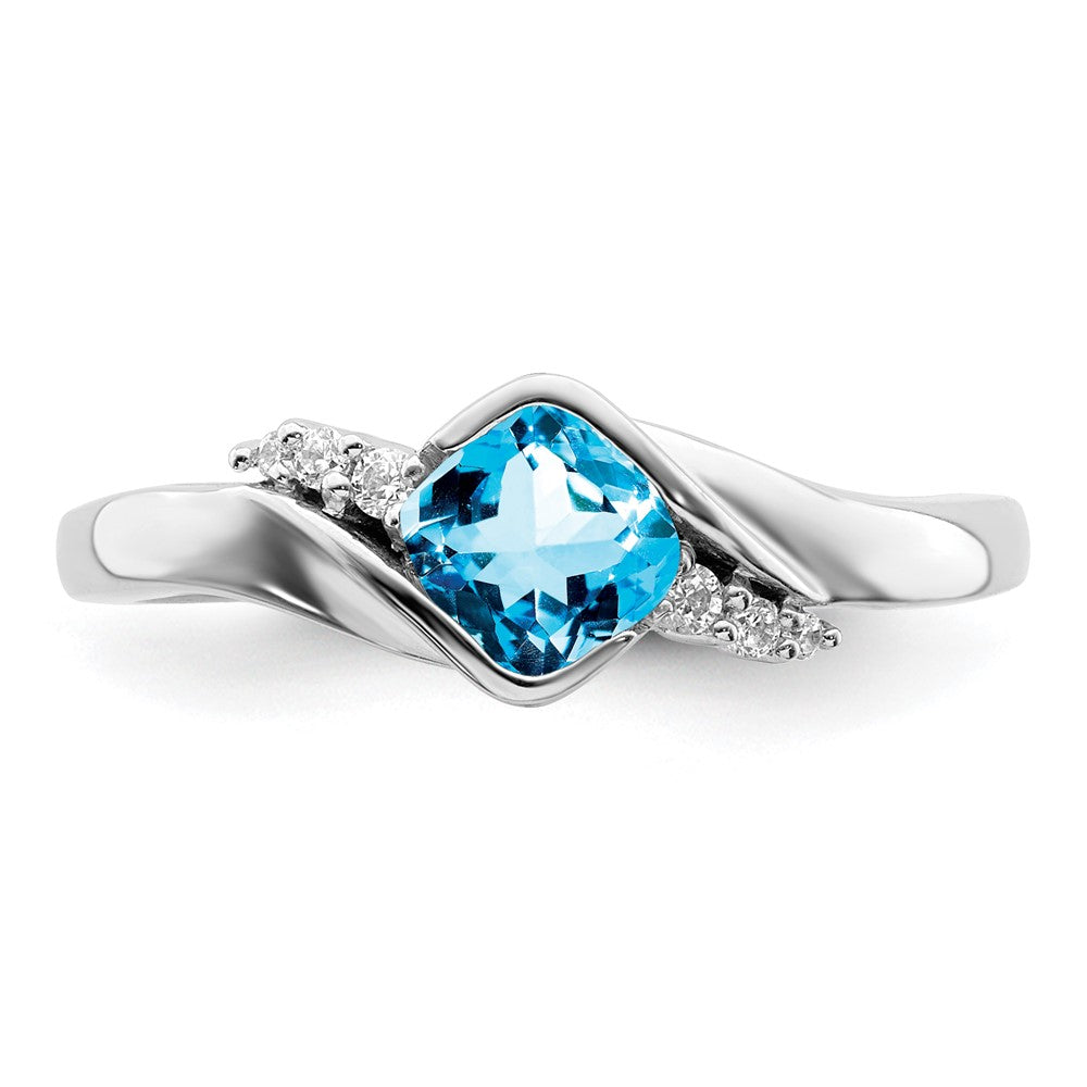Solid 14k White Gold Simulated Blue Topaz and CZ Ring