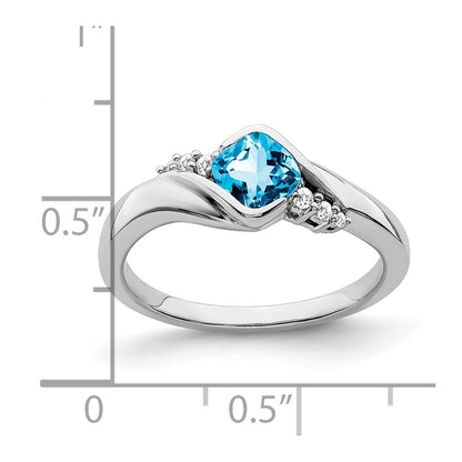 Solid 14k White Gold Simulated Blue Topaz and CZ Ring