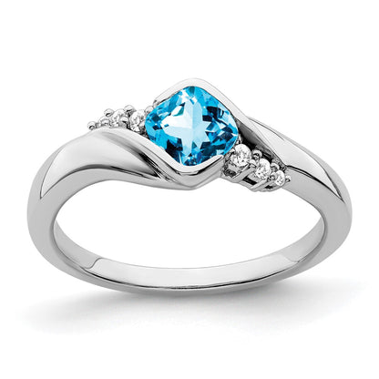 Solid 14k White Gold Simulated Blue Topaz and CZ Ring