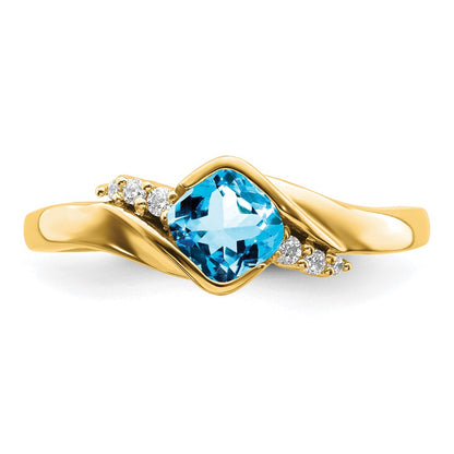 Solid 14k Yellow Gold Simulated Blue Topaz and CZ Ring