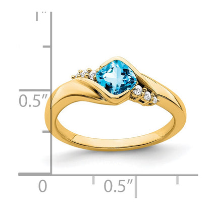 Solid 14k Yellow Gold Simulated Blue Topaz and CZ Ring