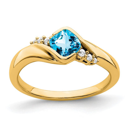 Solid 14k Yellow Gold Simulated Blue Topaz and CZ Ring